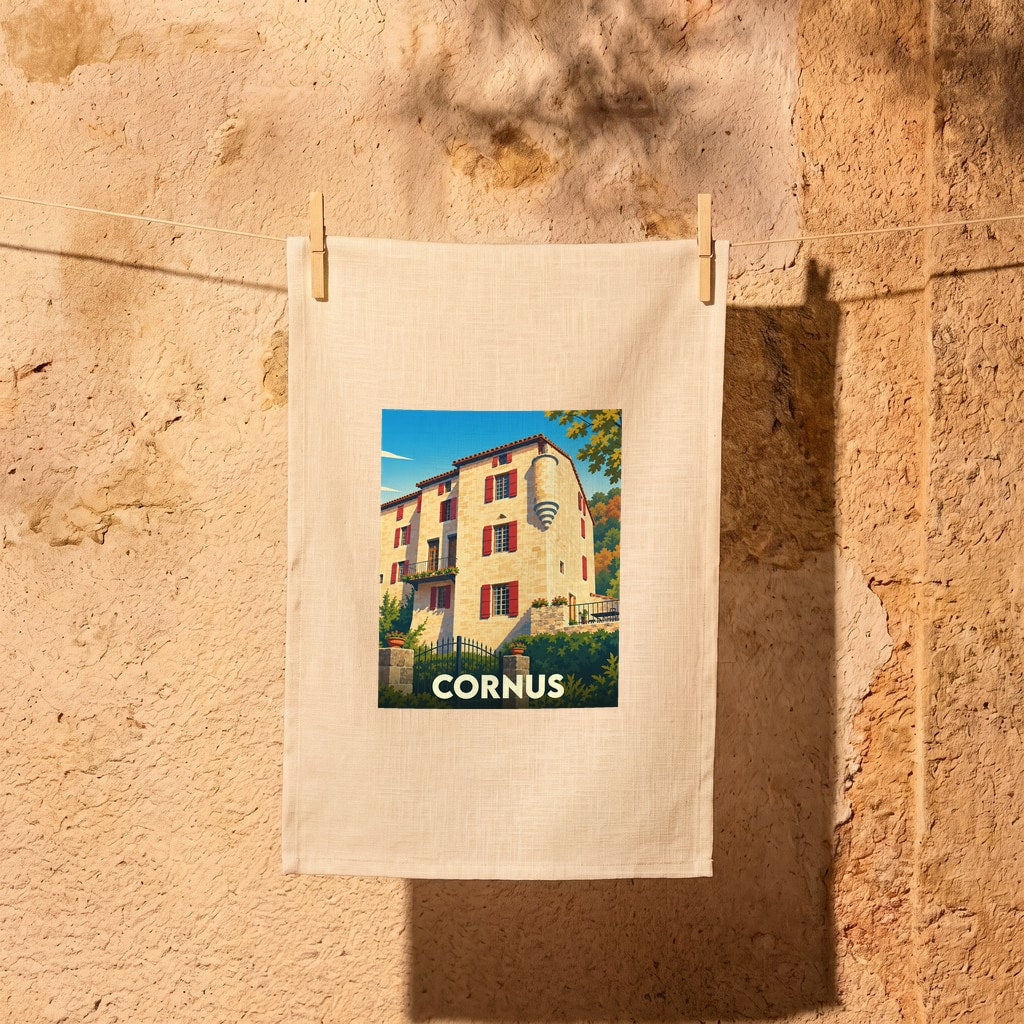 Torchon souvenir de la ville de Cornus orné d'une illustration stylisée de son architecture.