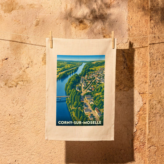 Torchon souvenir de la ville de Corny-sur-Moselle avec une illustration stylisée.