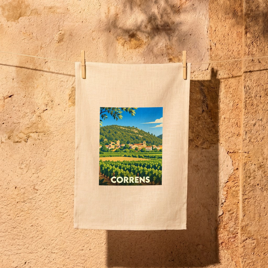 Torchon souvenir de la ville de Correns orné d'une illustration stylisée de ses vignobles et de son village.
