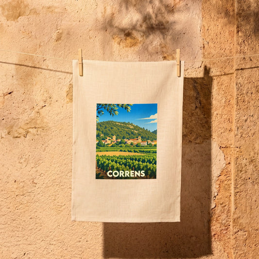 Torchon souvenir de la ville de Correns orné d'une illustration stylisée de ses vignobles et de son village.
