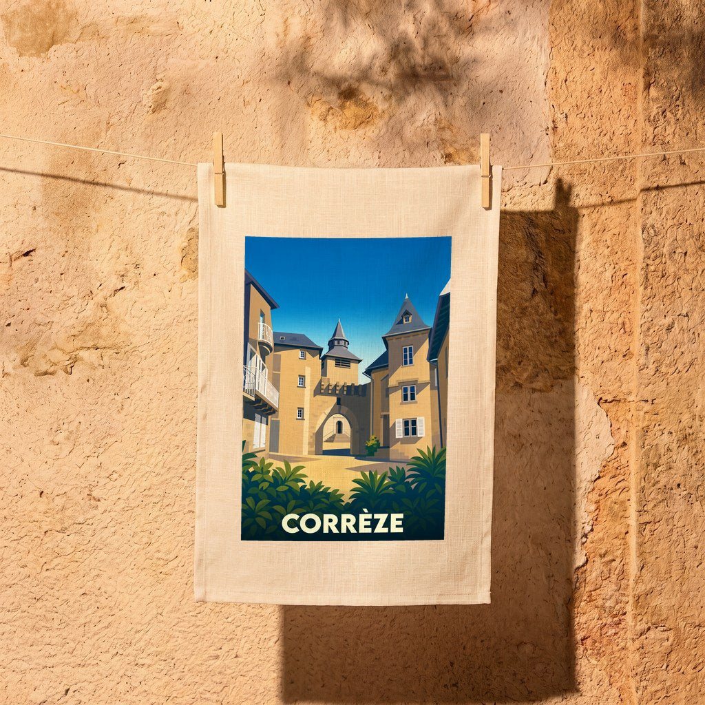 Torchon souvenir de la ville de Corrèze avec une illustration stylisée d'une place historique.