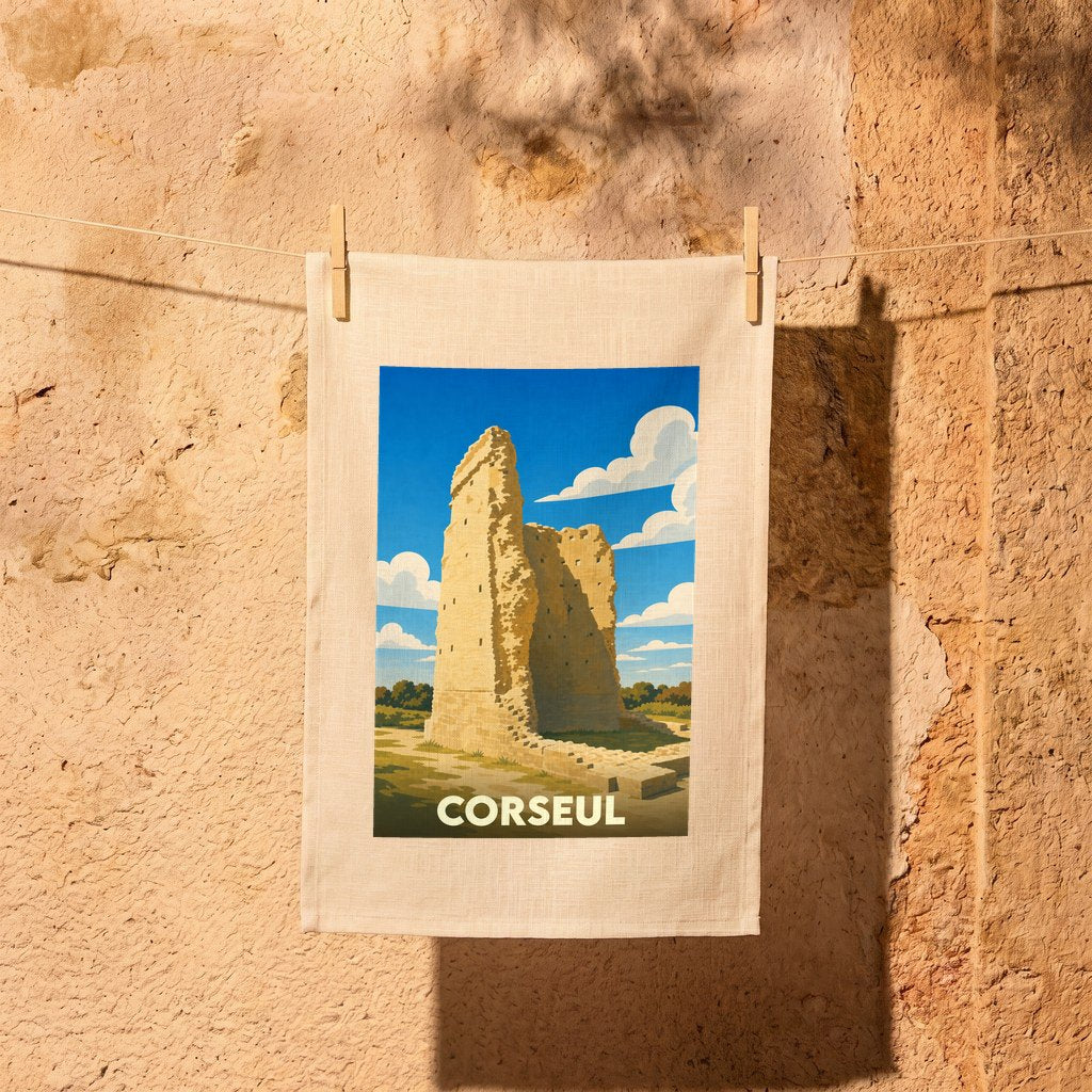 Torchon souvenir de la ville de Corseul illustrant les vestiges de son temple romain dans un style vintage.