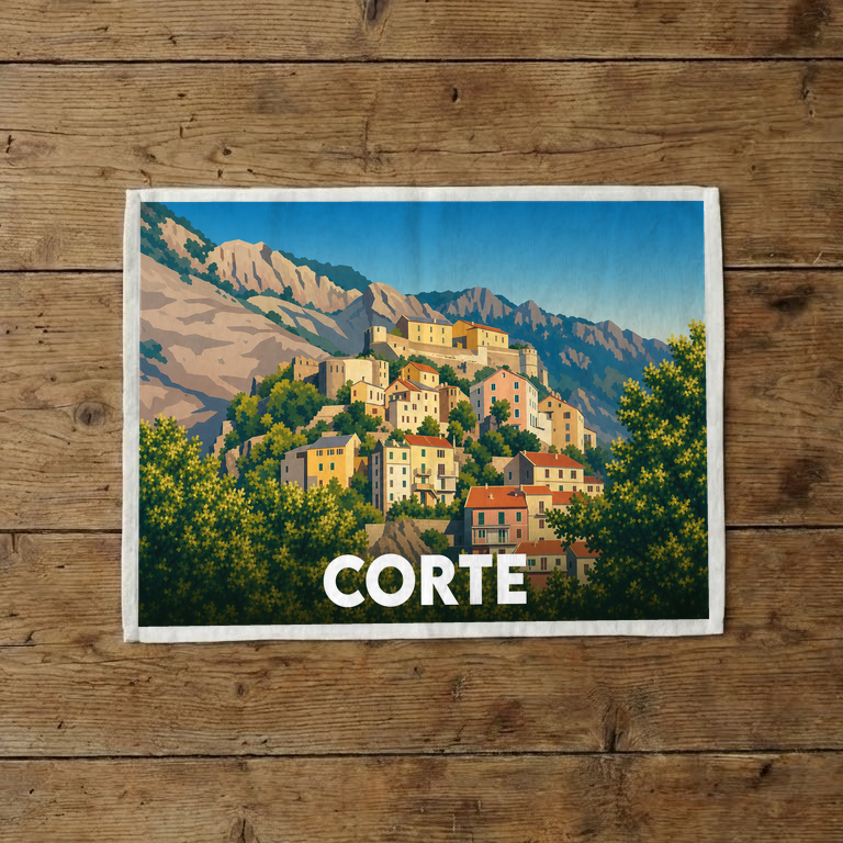 Torchon souvenir de la ville de Corte orné d'une illustration stylisée de sa citadelle nichée dans les montagnes corses.