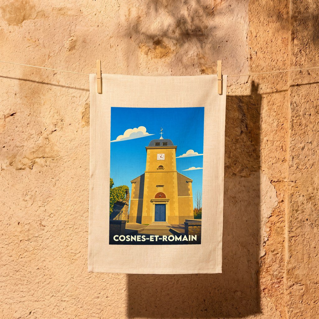 Torchon souvenir de la ville de Cosnes-et-Romain avec une illustration stylisée de son église.