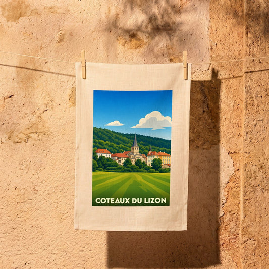 Torchon souvenir de la ville de Coteaux du Lizon avec une illustration stylisée.