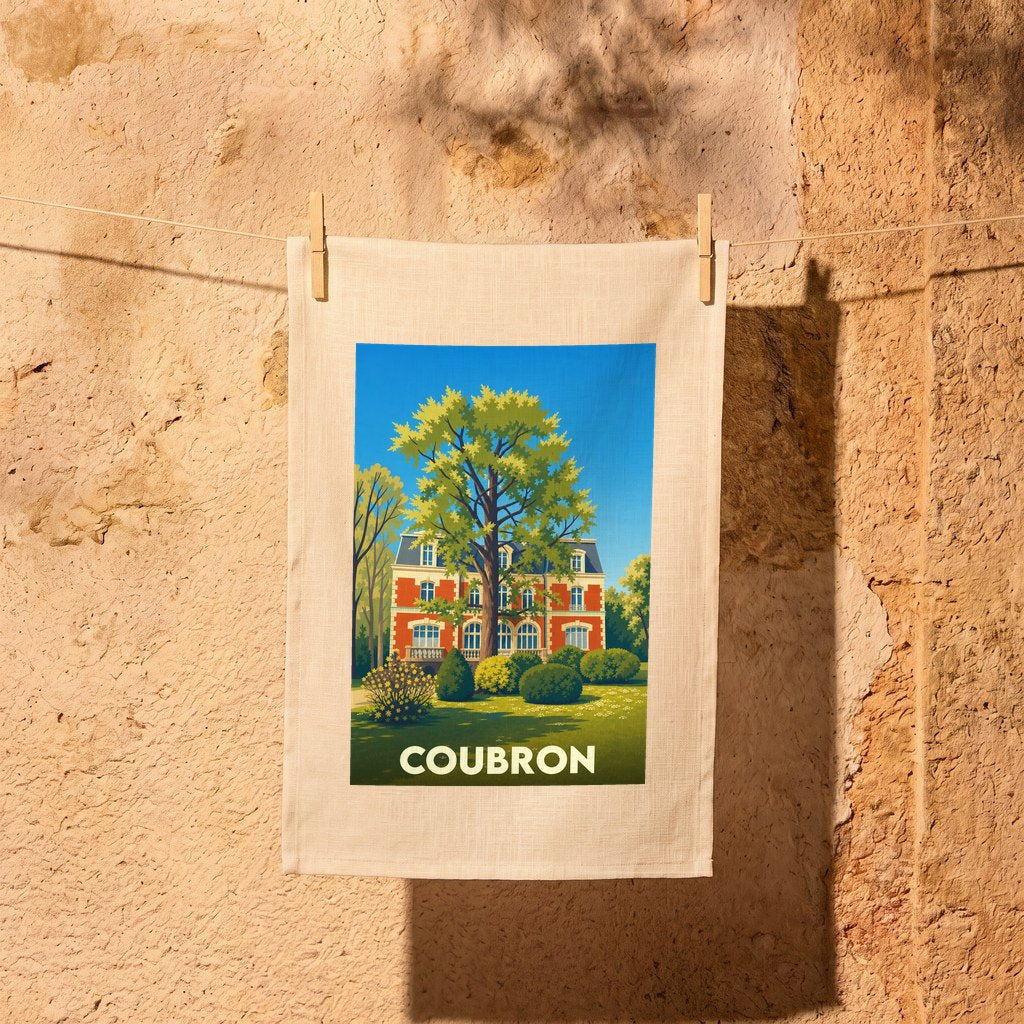 Torchon souvenir de la ville de Coubron avec une illustration stylisée d'une demeure bourgeoise et de son parc.