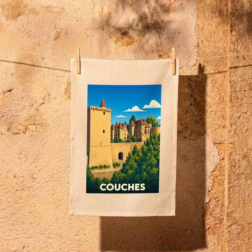 Torchon souvenir de la ville de Couches avec une illustration stylisée de son château médiéval.