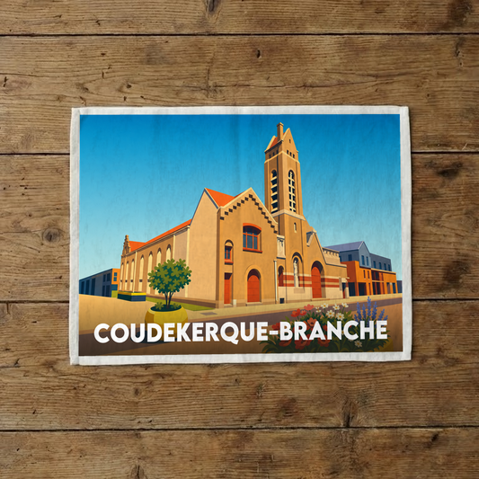 Torchon souvenir de la ville de Coudekerque-Branche avec une illustration stylisée.