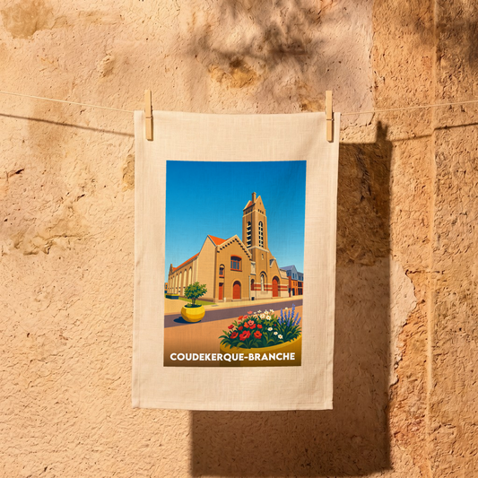 Torchon souvenir de la ville de Coudekerque-Branche avec une illustration stylisée.
