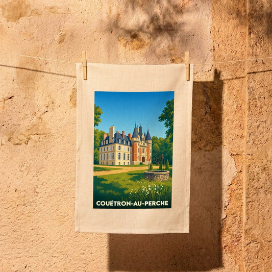 Torchon souvenir de la ville de Couëtron-au-Perche avec une illustration stylisée d'un château.