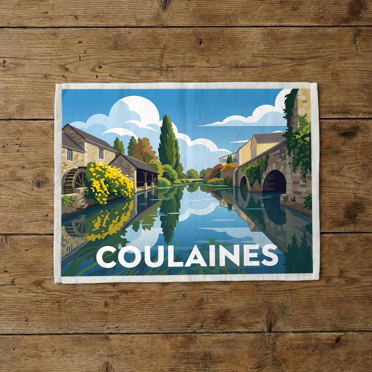 Torchon souvenir de la ville de Coulaines avec une illustration stylisée.