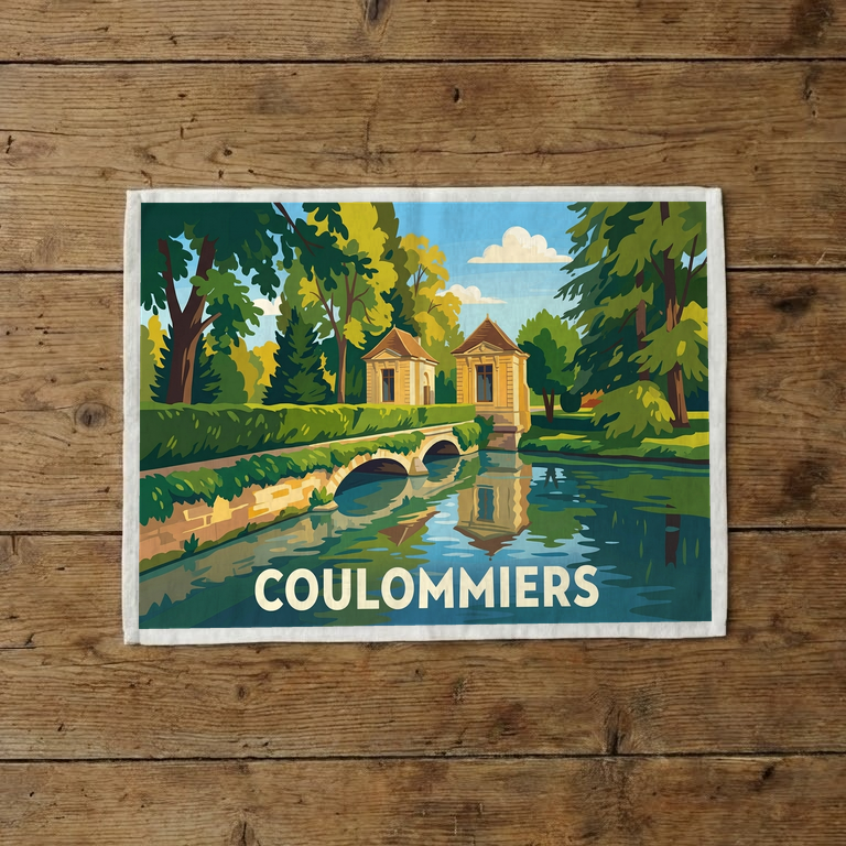 Torchon souvenir de la ville de Coulommiers avec une illustration stylisée d'un parc traversé par un pont.