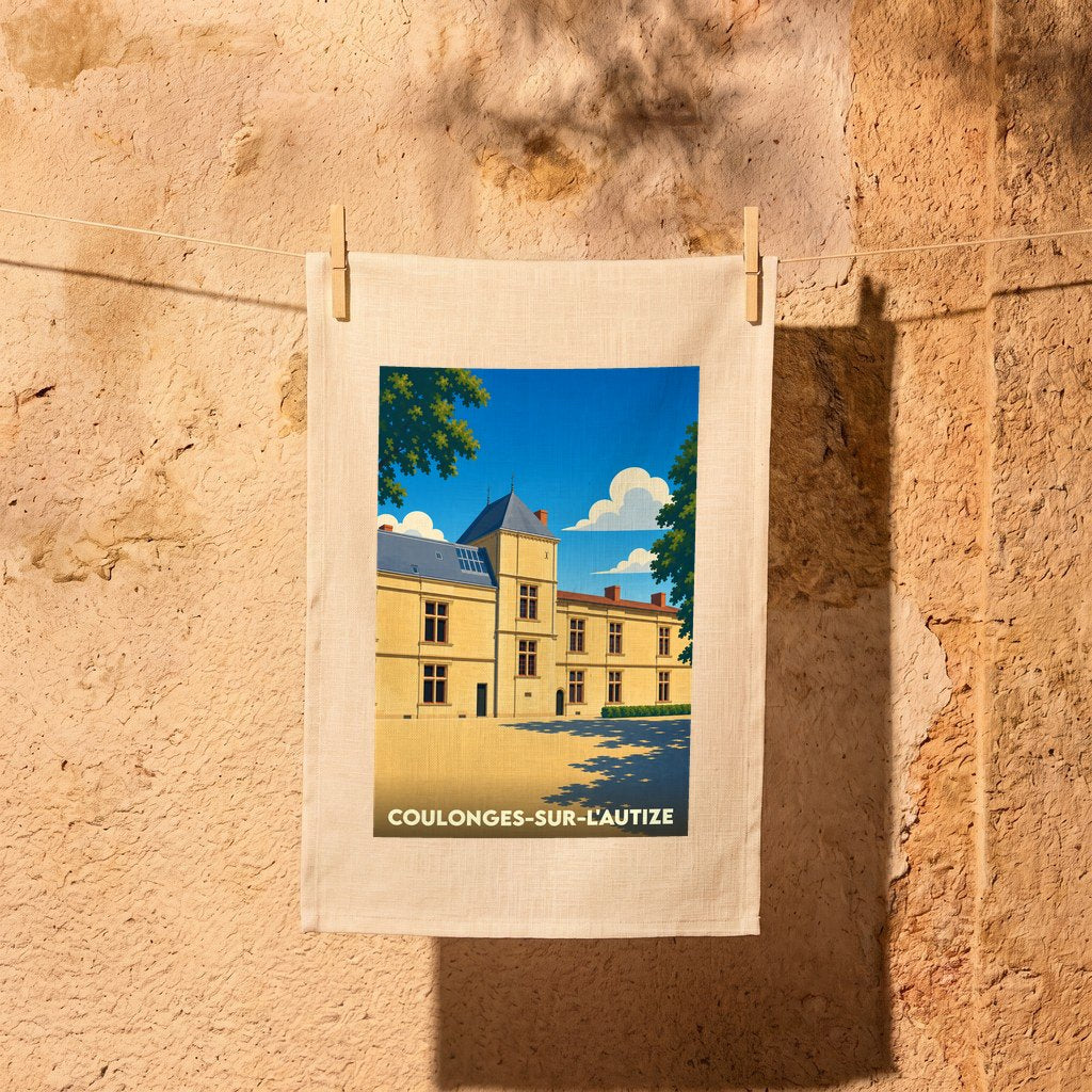 Torchon souvenir de la ville de Coulonges-sur-l'Autize avec une illustration stylisée de son château.