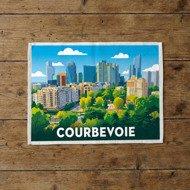 Torchon souvenir de la ville de Courbevoie avec une illustration stylisée de son paysage urbain.