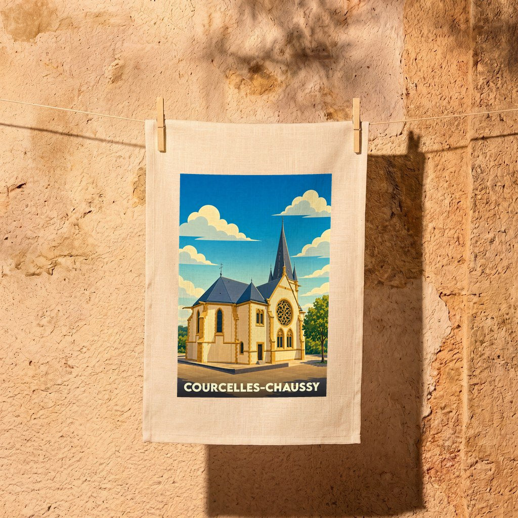 Torchon souvenir de la ville de Courcelles-Chaussy avec une illustration stylisée de son église.