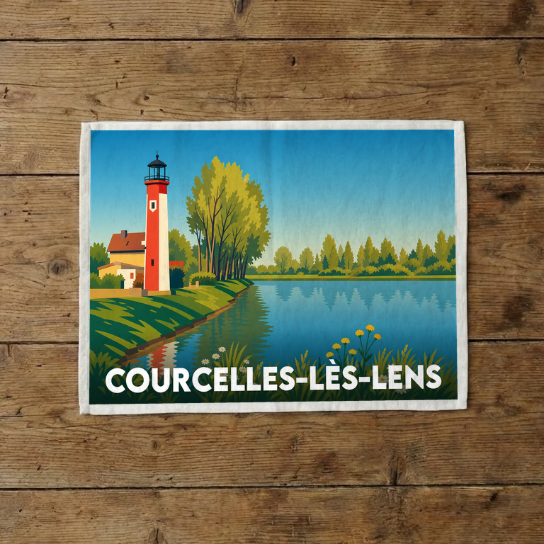 Torchon souvenir de la ville de Courcelles-lès-Lens avec une illustration stylisée d'un phare au bord de l'eau.