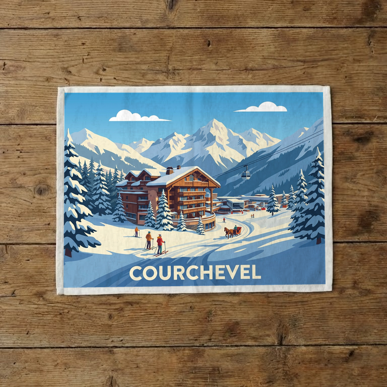 Torchon souvenir de la ville de Courchevel avec une illustration stylisée d'un paysage de montagne enneigé.