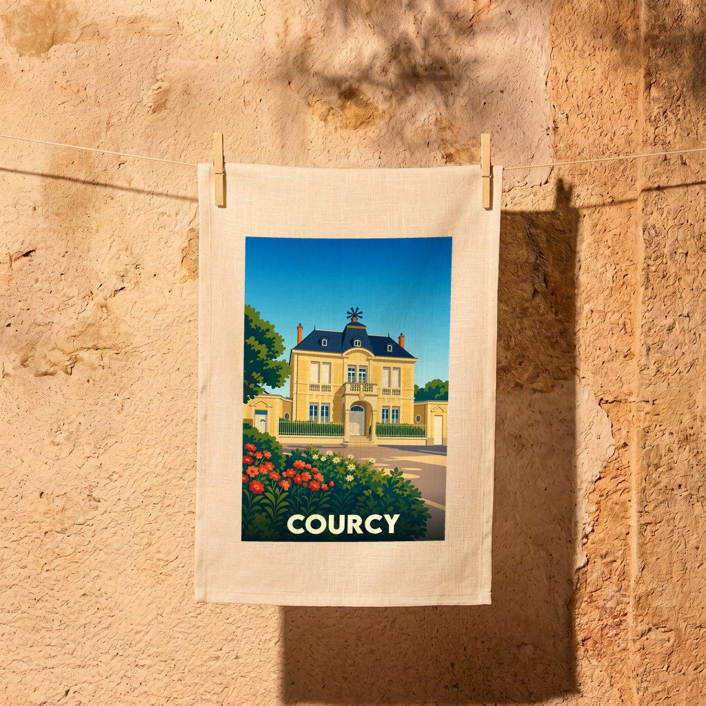 Torchon souvenir de la ville de Courcy illustré d'un manoir stylisé sous un ciel bleu.