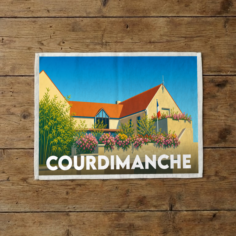 Torchon souvenir de la ville de Courdimanche illustré d'un bâtiment fleuri sous un ciel azur.