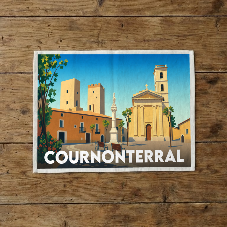 Torchon souvenir de la ville de Cournonterral avec une illustration stylisée.