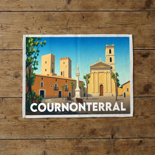 Torchon souvenir de la ville de Cournonterral avec une illustration stylisée.