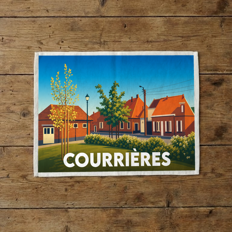 Torchon souvenir de la ville de Courrières avec une illustration stylisée.