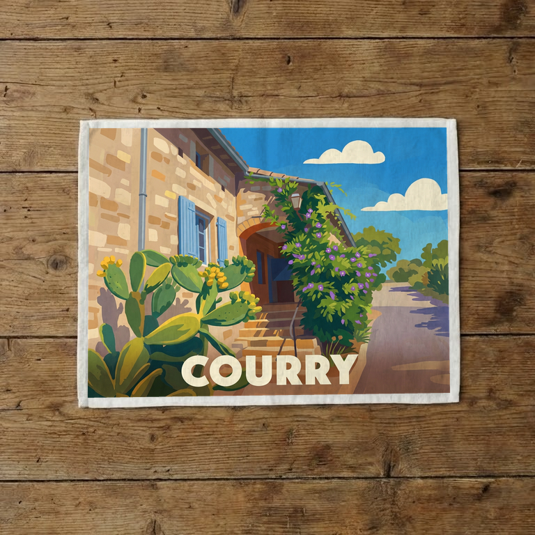 Torchon souvenir de la ville de Courry avec une illustration stylisée.