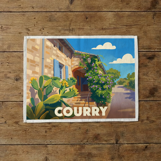 Torchon souvenir de la ville de Courry avec une illustration stylisée.