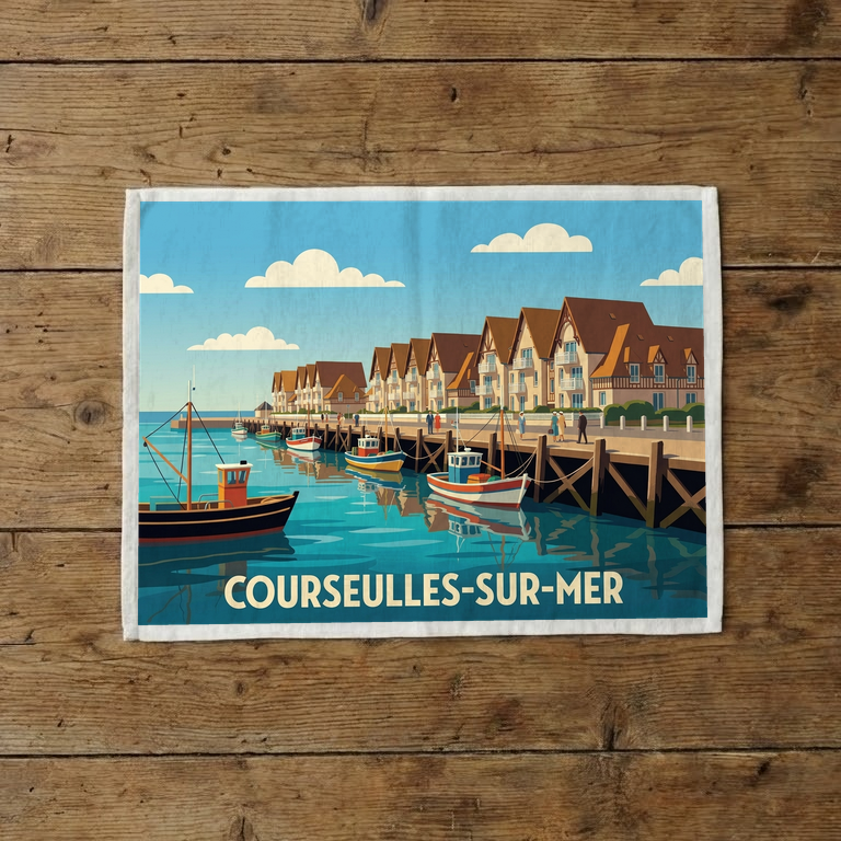 Torchon souvenir de la ville de Courseulles-sur-Mer illustré d'une scène de port de pêche stylisée.