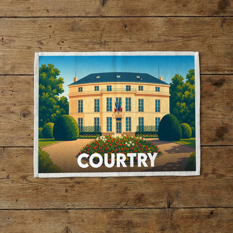 Torchon souvenir de la ville de Courtry avec une illustration stylisée de sa mairie et de ses jardins.