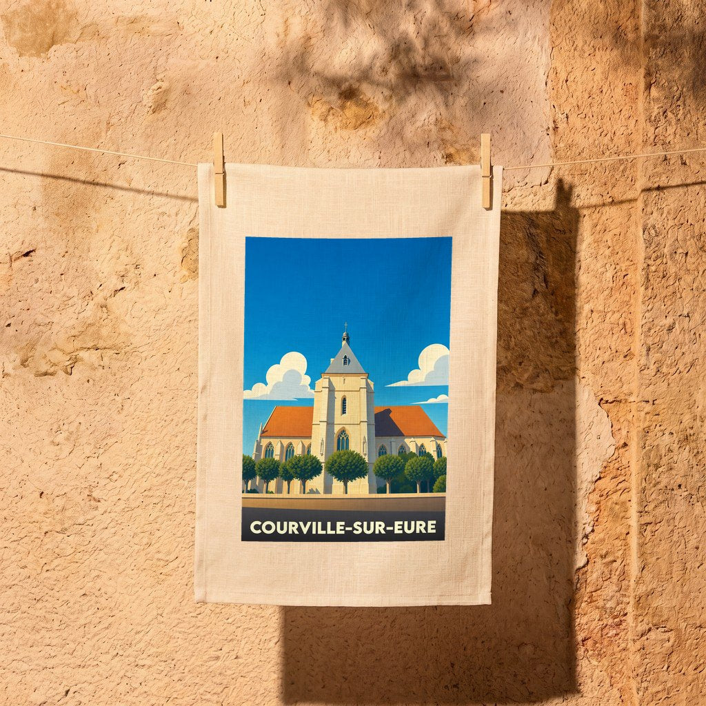 Torchon souvenir de la ville de Courville-sur-Eure avec une illustration stylisée de son église.