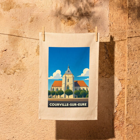 Torchon souvenir de la ville de Courville-sur-Eure avec une illustration stylisée de son église.