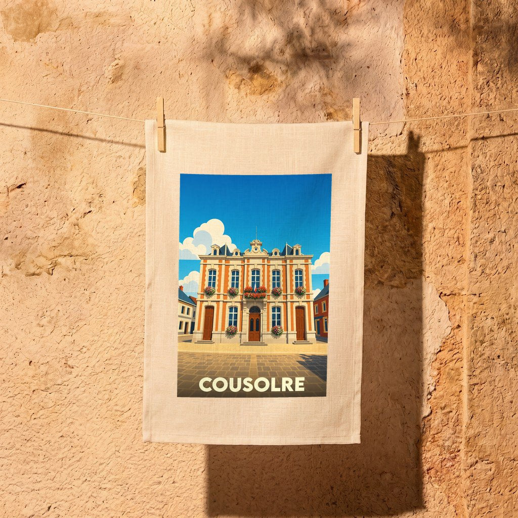 Torchon souvenir de la ville de Cousolre avec une illustration stylisée de son hôtel de ville.