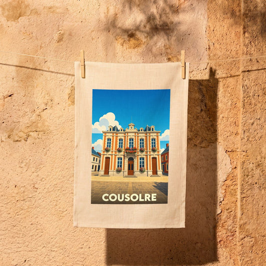 Torchon souvenir de la ville de Cousolre avec une illustration stylisée de son hôtel de ville.