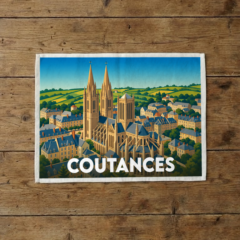 Torchon souvenir de la ville de Coutances avec une illustration colorée de sa cathédrale.