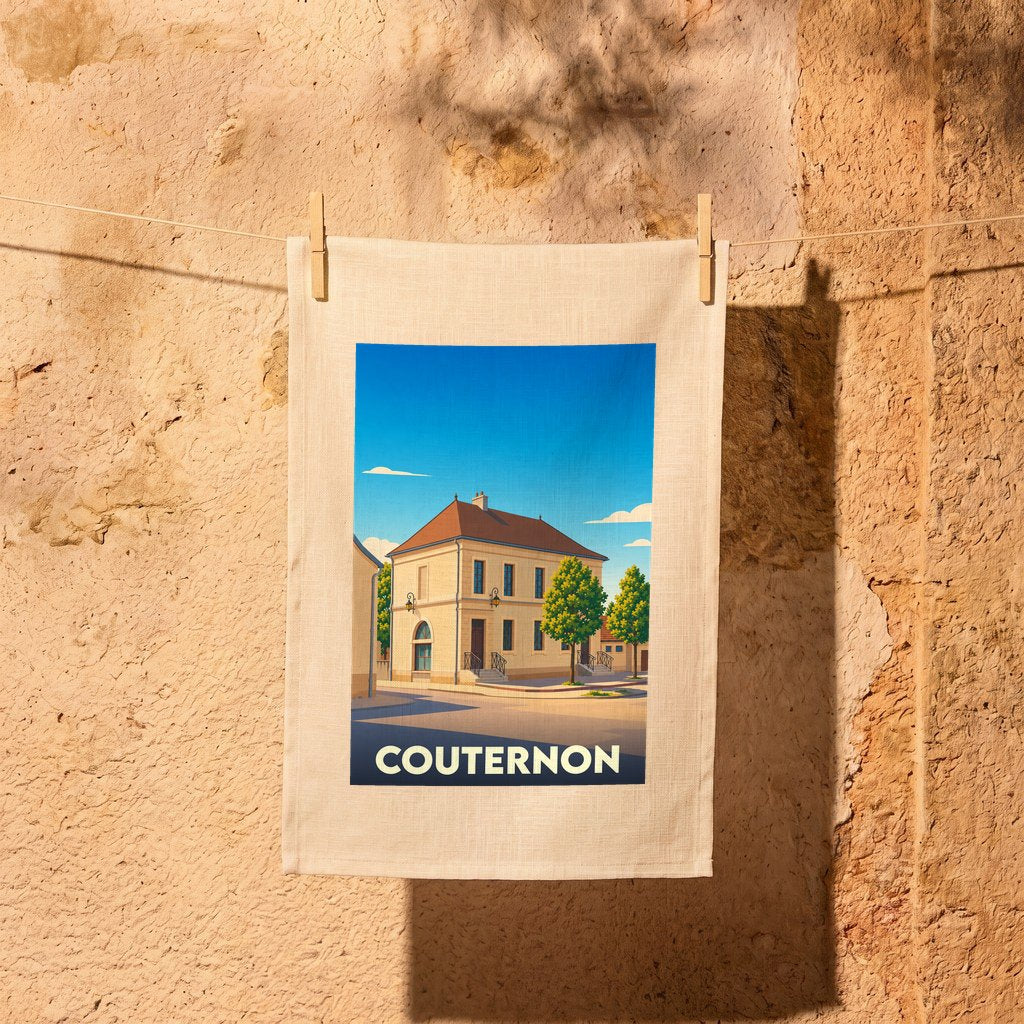 Torchon souvenir de la ville de Couternon avec une illustration stylisée.