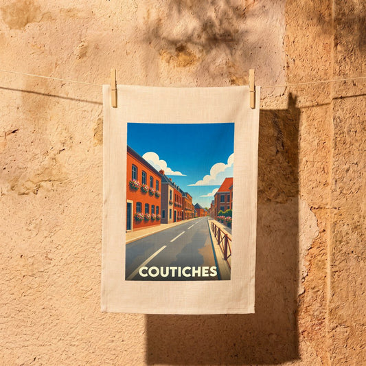 Torchon souvenir de la ville de Coutiches avec une illustration stylisée d'une rue pittoresque.