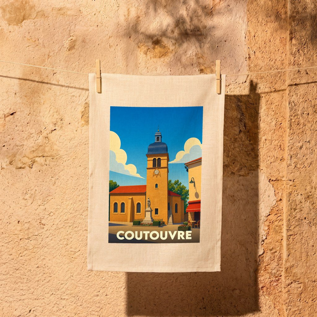 Torchon souvenir de la ville de Coutouvre avec une illustration stylisée.