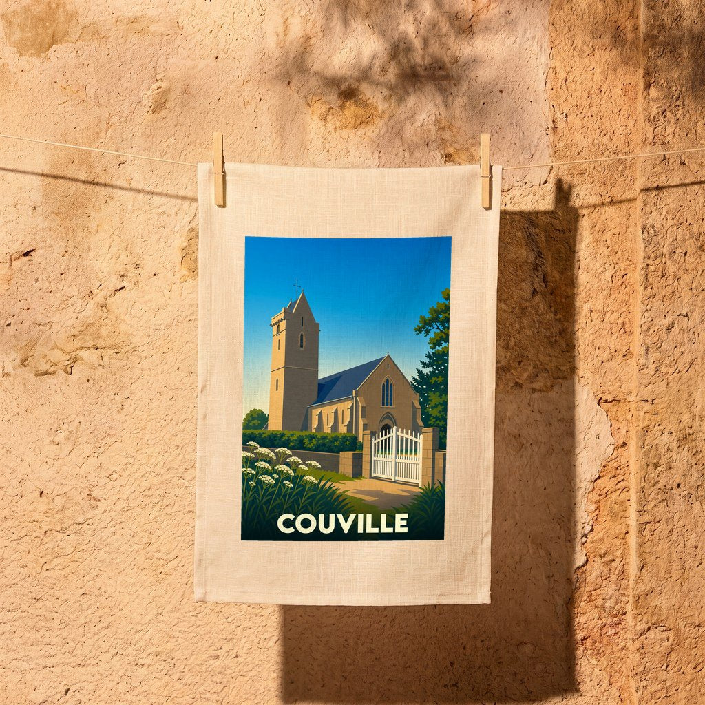 Torchon souvenir de la ville de Couville avec une illustration stylisée d'une église.