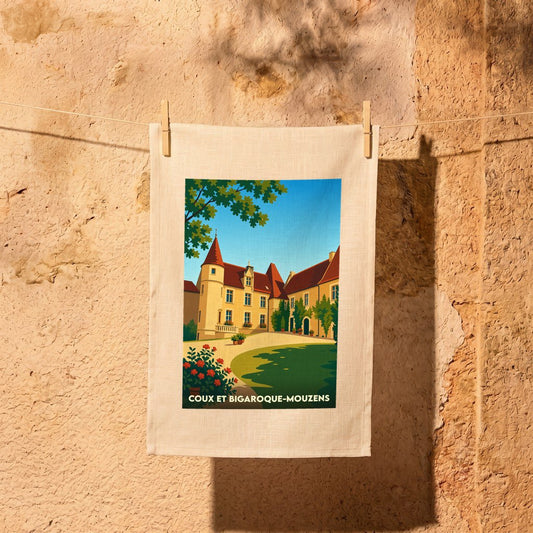 Torchon souvenir de la ville de Coux et Bigaroque-Mouzens avec une illustration stylisée.