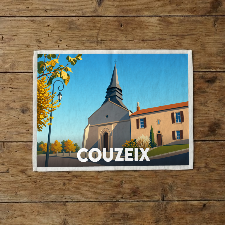 Torchon souvenir de la ville de Couzeix avec une illustration stylisée de son église.