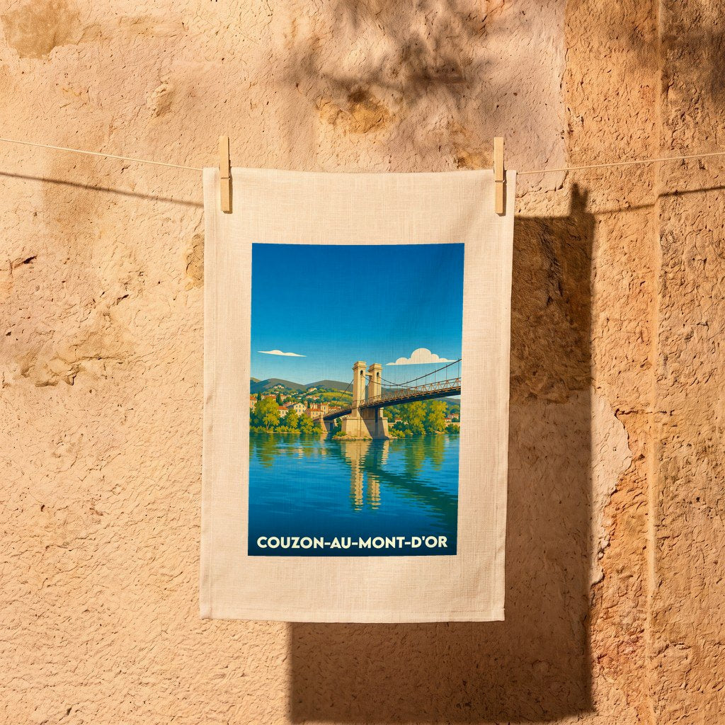 Torchon souvenir de la ville de Couzon-au-Mont-d'Or avec une illustration stylisée de son pont suspendu.
