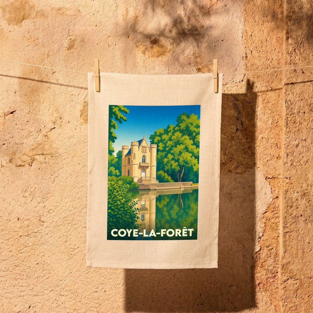 Torchon souvenir de la ville de Coye-la-Forêt illustrant le château de la Reine Blanche se reflétant dans l'eau.