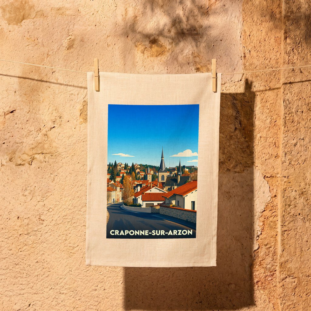 Torchon souvenir de la ville de Craponne-sur-Arzon avec une illustration stylisée d'un paysage urbain.