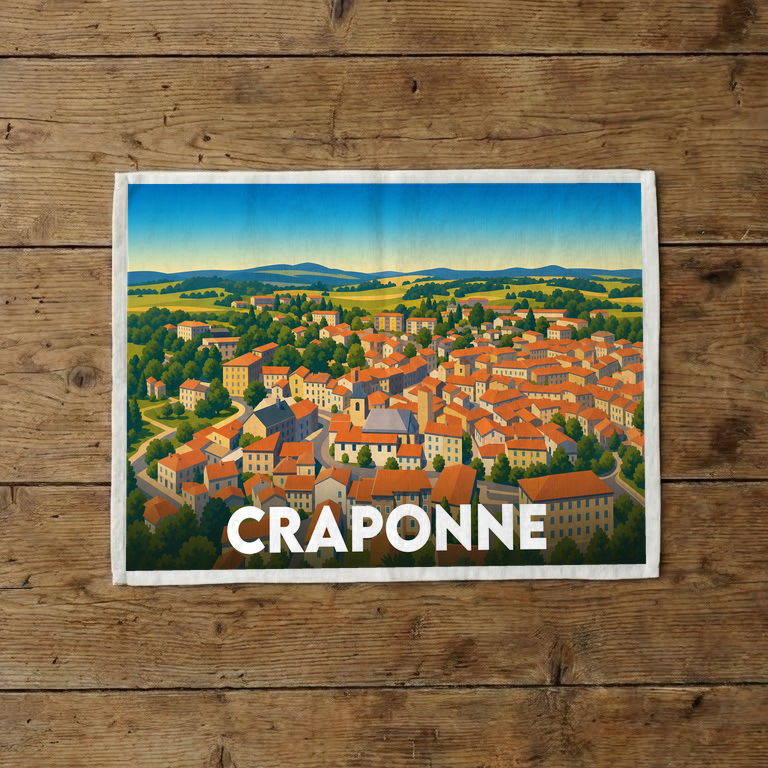 Torchon souvenir de la ville de Craponne avec une illustration stylisée de son paysage urbain.