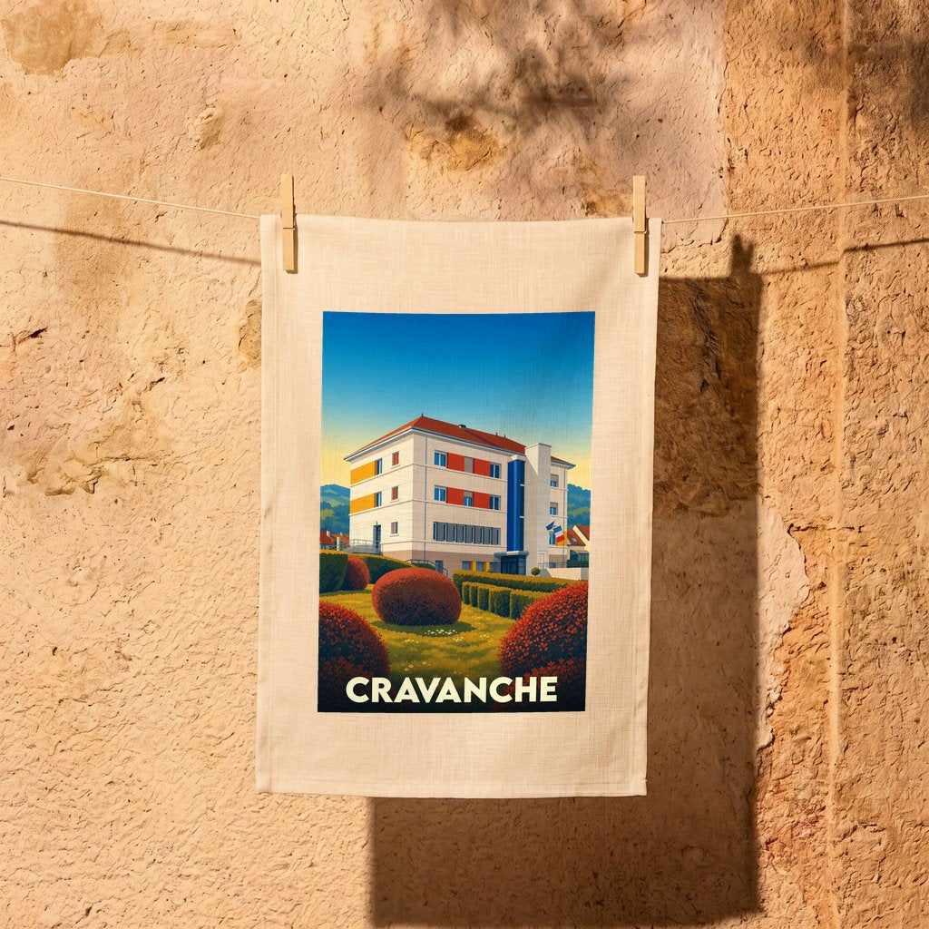 Torchon souvenir de la ville de Cravanche avec une illustration stylisée de sa mairie et de ses jardins.