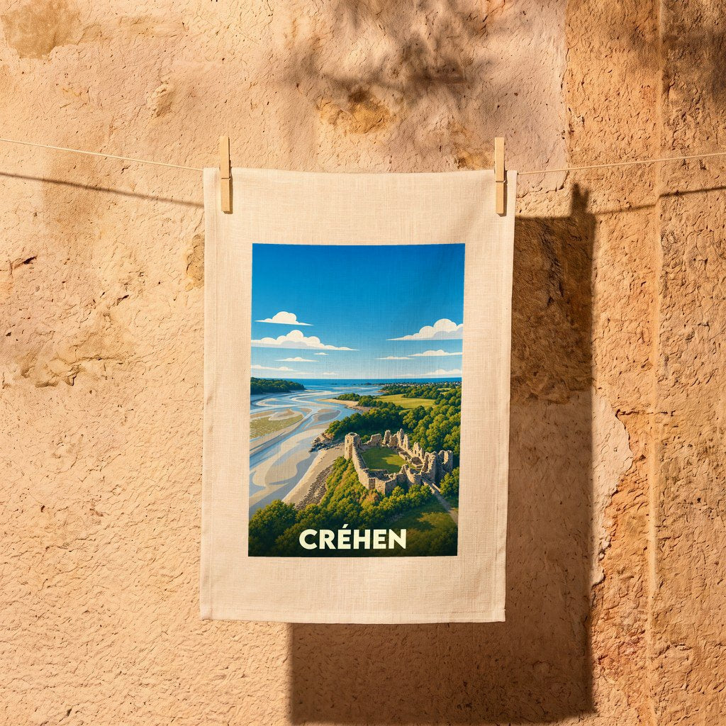 Torchon souvenir de la ville de Créhen avec une illustration stylisée d'un château en bord de mer.