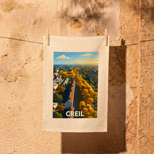 Torchon souvenir de la ville de Creil avec une illustration stylisée de son paysage urbain automnal.