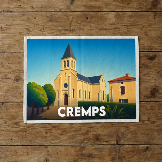Torchon souvenir de la ville de Cremps avec une illustration stylisée de son église.