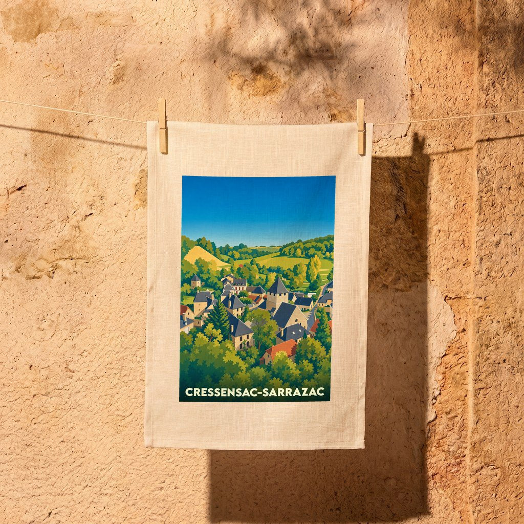 Torchon souvenir de la ville de Cressensac-Sarrazac avec une illustration stylisée.
